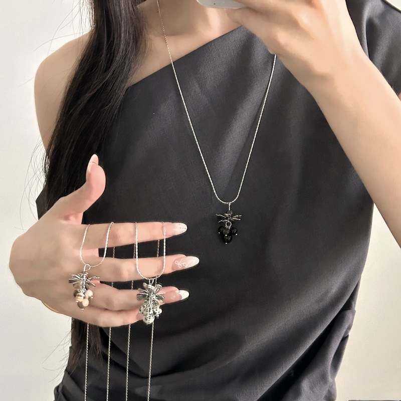 彩色天然石葡萄串串珠项链女小众设计虎眼石锁骨链长款毛衣链配饰|undefined