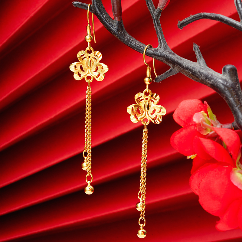 Pendientes grandes de la flor del oro de Vietnam hueco tallado pendientes de la borla de las mujeres chapados en oro estilo antiguo Flor de tres hojas joyería de la boda
