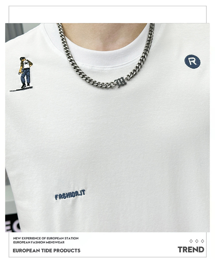 Summer Embroidered Short-sleeved Men's T-shirt American Trendy Brand 2024 New Slim-fit Crew Neck Youth Fashion Short-sleeved Bottoming Shirt_viptrois.com