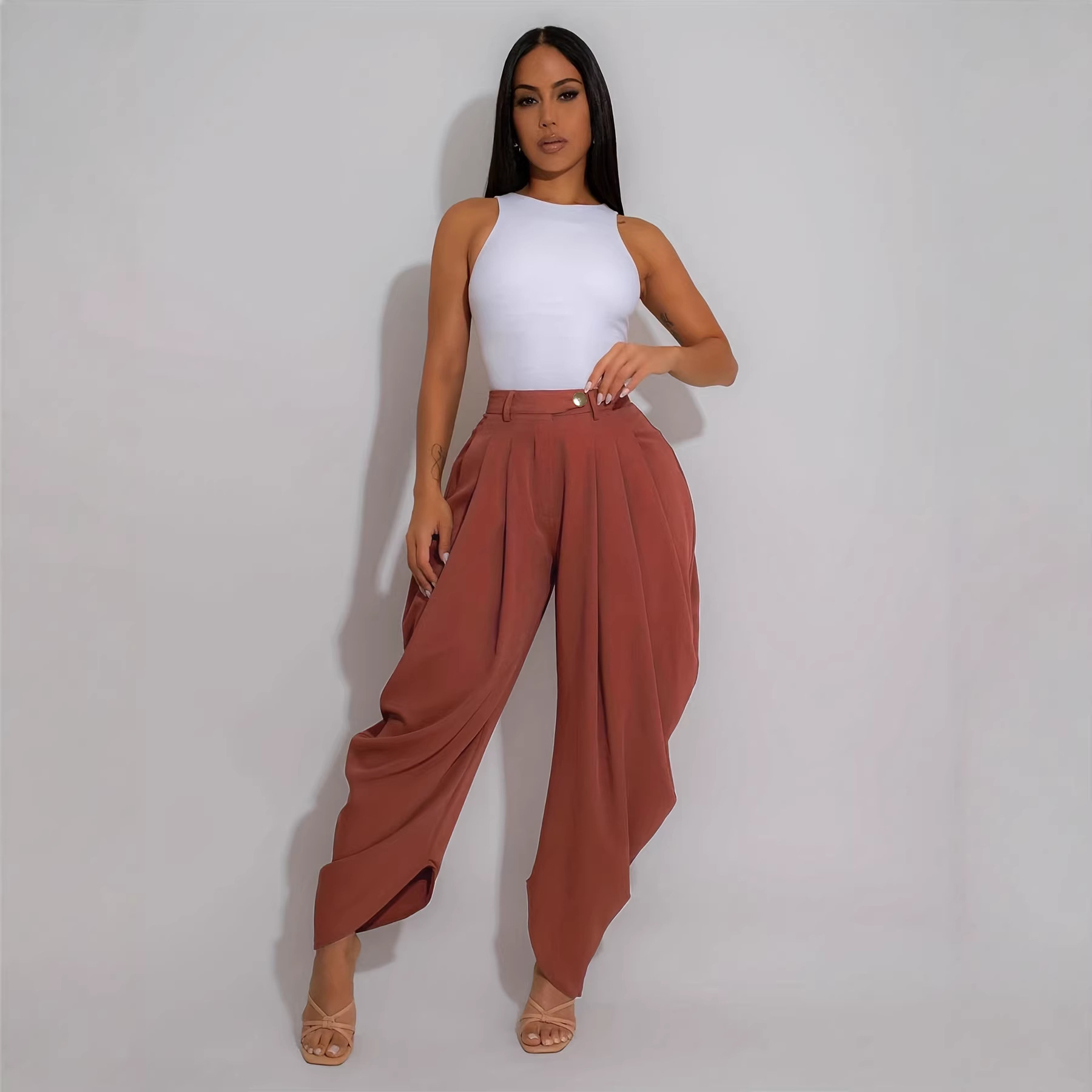 TW795 Damen-Freizeithose, einfarbig, mit Blumenmuster, sexy, urban, mehrfach gefaltet, unabhängiger Stil, lässige Unterteile_voghion.com