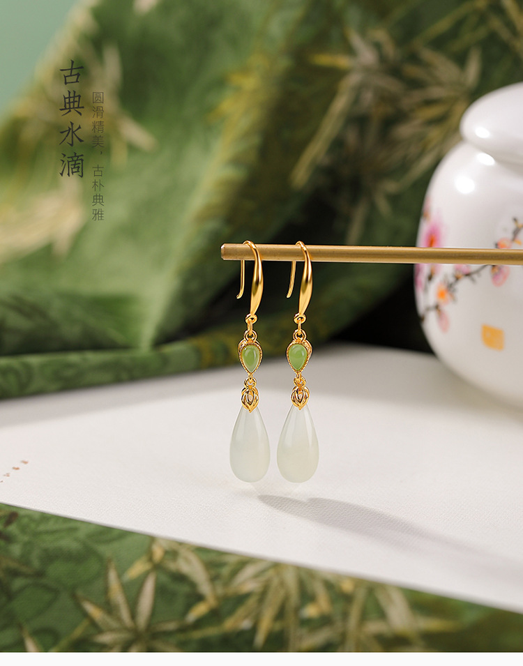 Bông tai bạc S925 mạ vàng đính ngọc Hetian hình giọt nước phong cách cổ điển — Mẫu bạc chi tiết 2