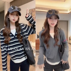 跨境2025条纹连帽假两件针织衫女秋季减龄显瘦内搭打底帽衫套头衣