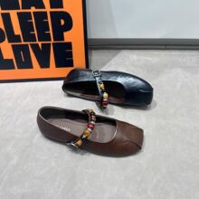 新品单鞋女秋季新款鞋子平底软底一脚蹬配裙子复古方头女鞋