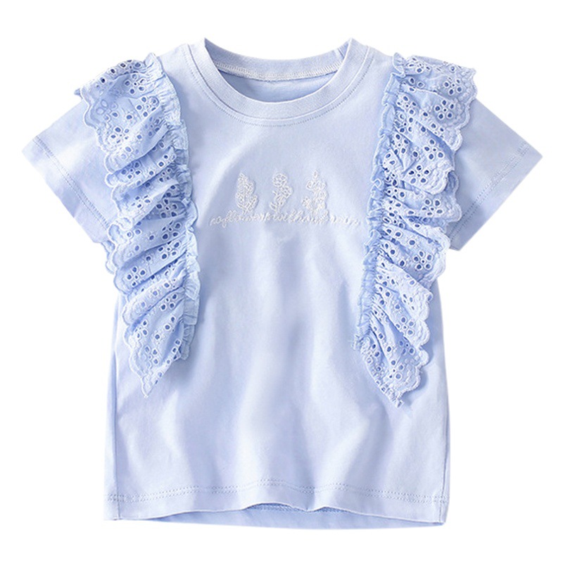 Transfronterizo malwee niñas verano nuevo estilo europeo y americano niños pequeños y medianos estampado estilo extranjero camisa de cuello redondo manga niños camiseta