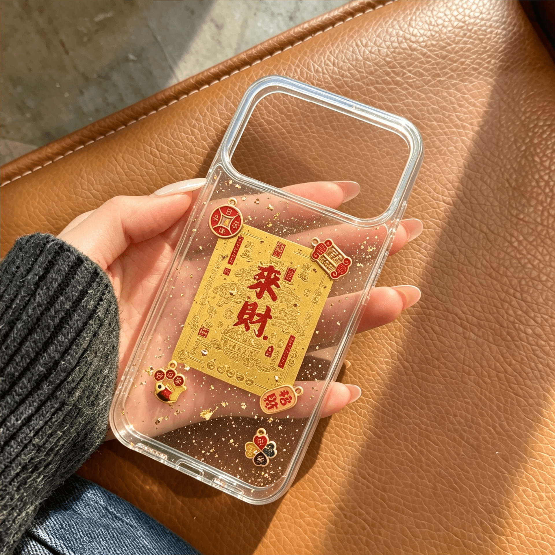 适用苹果18promax手机壳iphone17滴胶金箔来财招财16pro新款X创意
