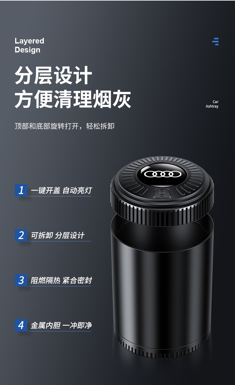 Car Ashtray Cup Holder Car Ashtray Anti-Fly Ash High Flame Retardant with Light One-Click Closing Cover Car Interior Supplies