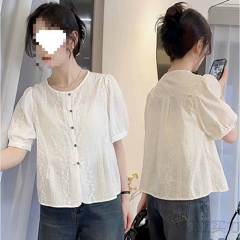 新中式国风衬衫女短袖薄款夏季2025新款高级感刺绣小个子上衣小衫