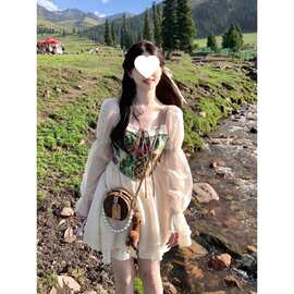 大码女装胖新款连衣裙蓬蓬裙法式复古收腰显瘦公主拼接油画短裙