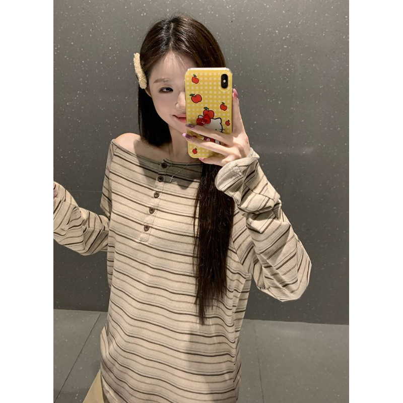 欧美跨境外贸撞色条纹一字肩长袖T恤女早秋季设计感辣妹露肩上衣|undefined
