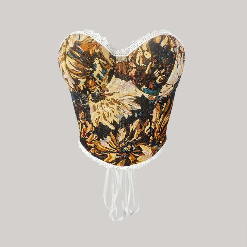 Top corset retro com barbatanas e amarração cruzada mulher_voghion.com