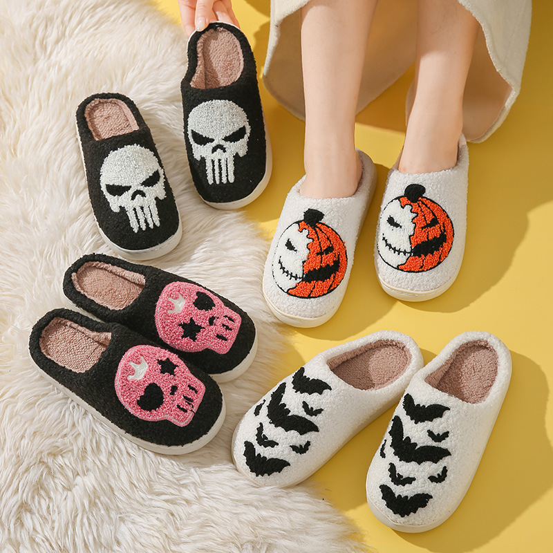 Cross-Border Winter Skull Print Halloween Plush Lined Warm Closed-Toe Unisex Shoes with Fleece Indoor Cotton Slippers