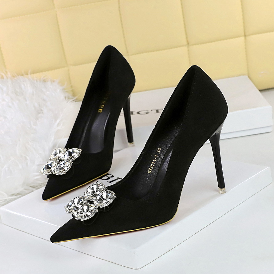 Stiletto Pumps Suede Rhinestone Pointed Toe Party High Heels_voghion.com