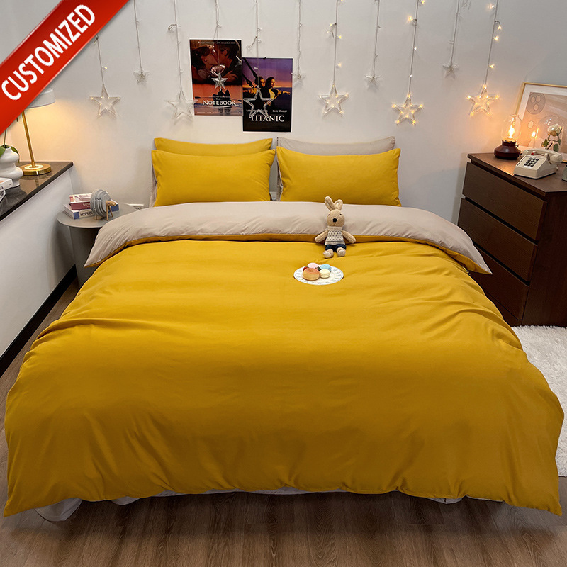 Juego de sábanas de algodón lavado cepillado de cuatro piezas, estilo primavera y otoño, color liso sencillo, juego de cama de alta gama, lujo personalizado al por mayor.