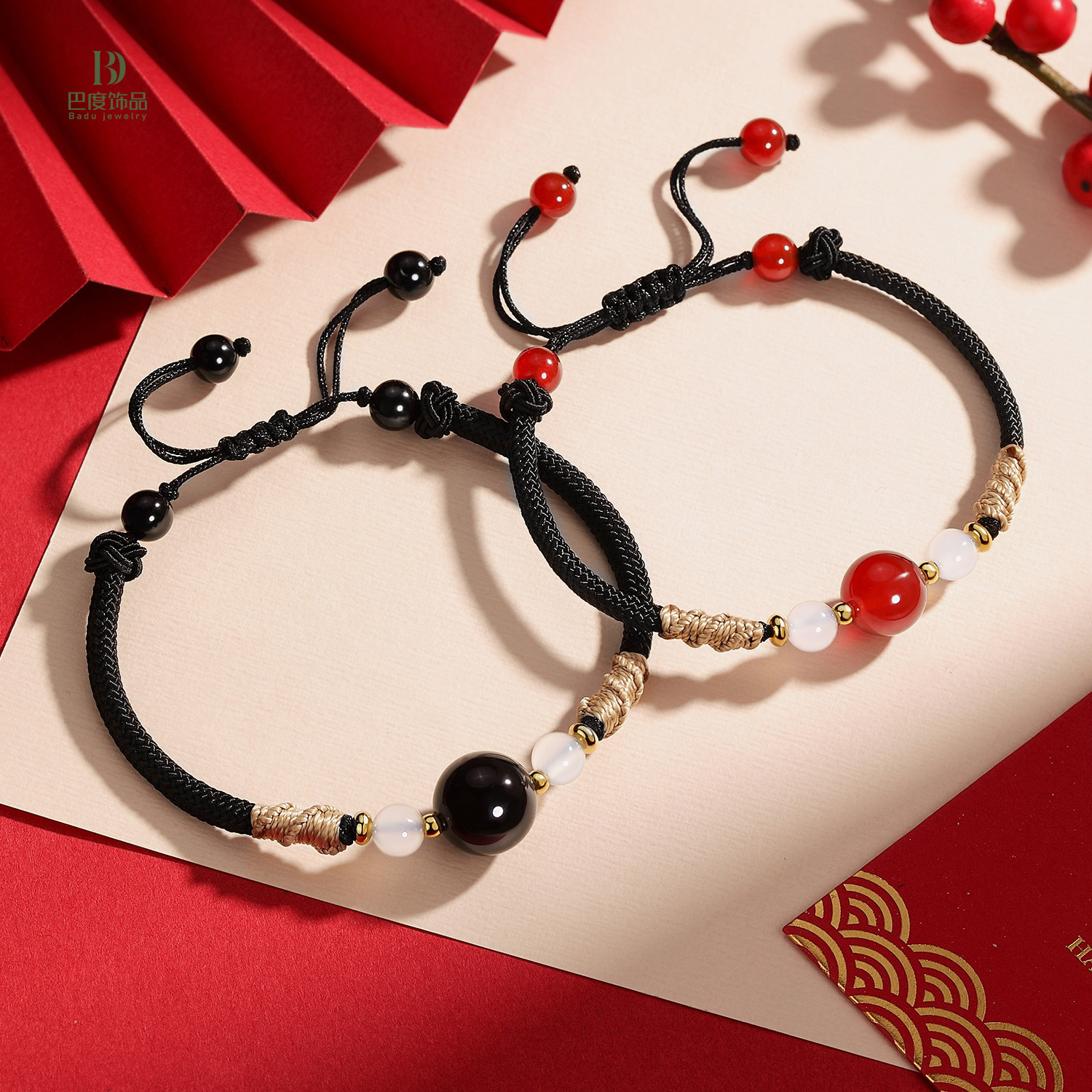 High-quality red agate hand-woven couple's hand rope original design transfer beads good luck companion couple's red rope bracelet