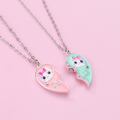 Cross-border new product children's necklace cartoon love pink and green big sister and little sister alloy dripping oil necklace set wholesale