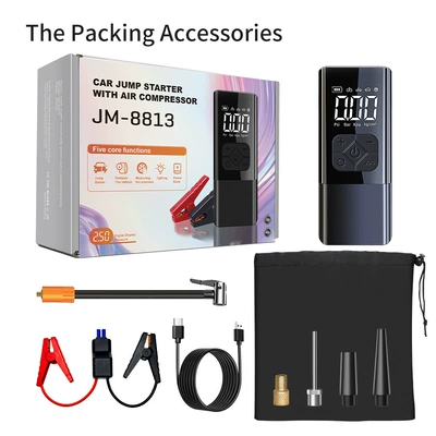 Car Emergency Jump Starter and Air Pump Combo, Electric Vehicle Air Pump, Wireless High-Pressure Air Compressor, New Model (Hava nasosu) - jm-8813-air-compressor-jump-starter-combo-7200mah-smart-clamps-carrying-bag