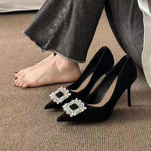 黑色纯欲高跟鞋女细跟2025新款水钻尖头法式职业工作单鞋通勤女鞋