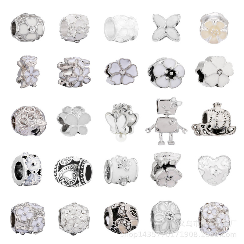 Silver alloy white painting oil beads daisy flower orchid beads butterfly flower fairy loose beads bracelet accessories large hole beads