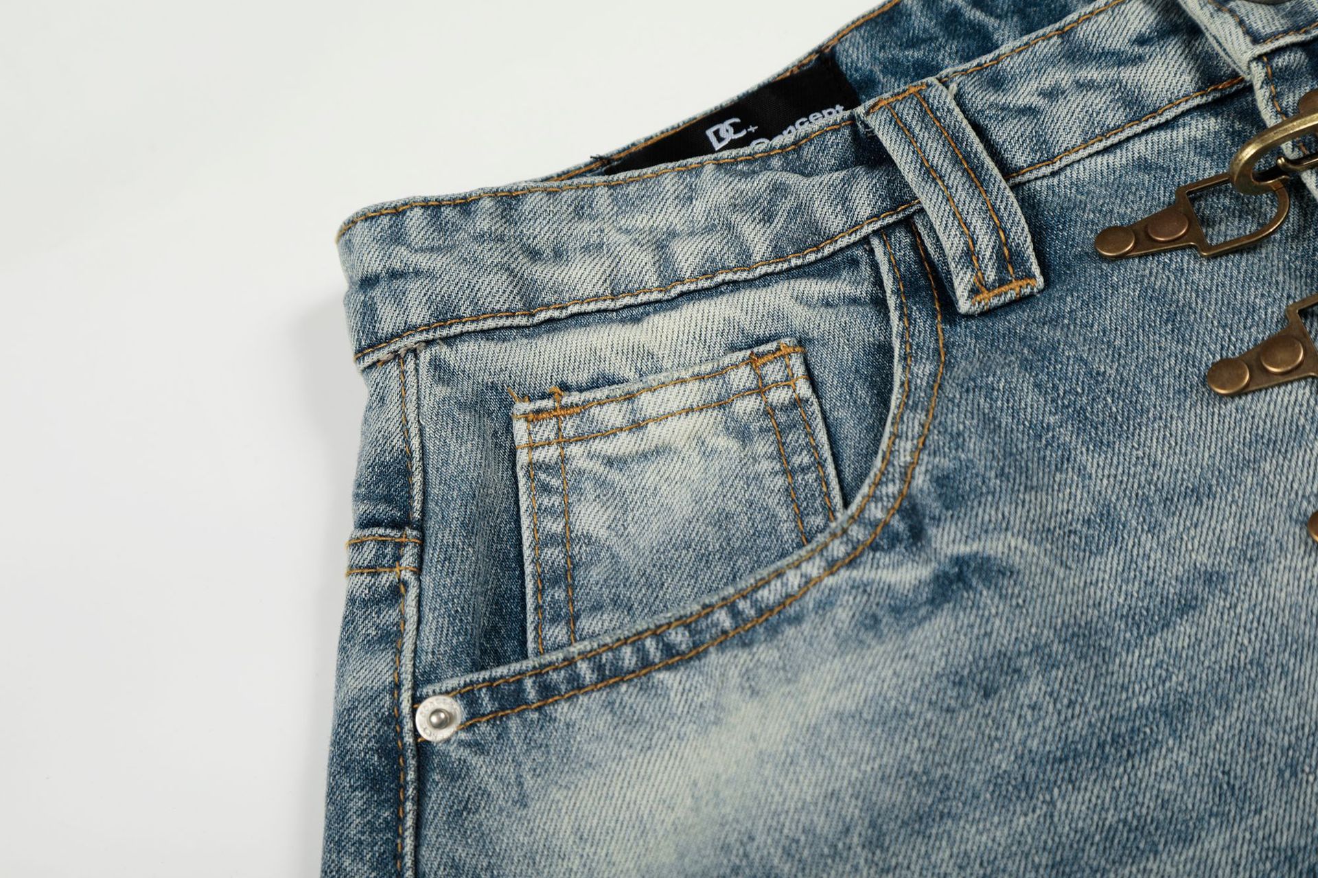 Vintage Distressed Flared Denim Jeans High Street Cotton Blend_voghion.com