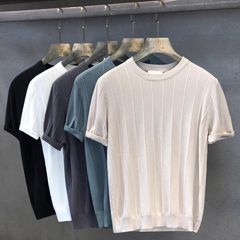 Men's Clothing High end ice silk knitted solid color round neck T shirt men's short sleeved casual half sleeved new T shirt for men_voghion.com