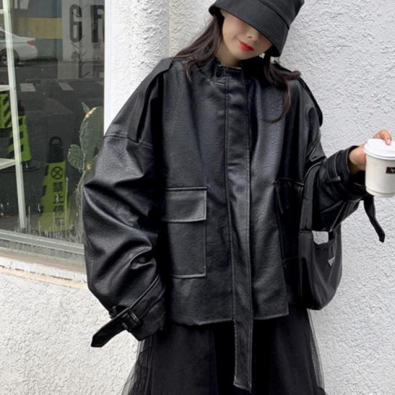 200斤加肥加大码胖妹妹黑色机车pu皮衣女BF风立领短款夹克外套潮|undefined