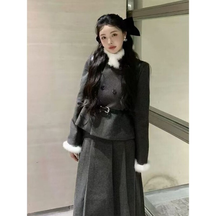 设计感绝美小套装财阀韩系千金毛领香风外套秋冬季高腰百褶半身裙|undefined