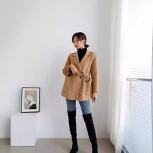 24秋冬短款双面大衣女系带简约西装领通勤款毛呢外套