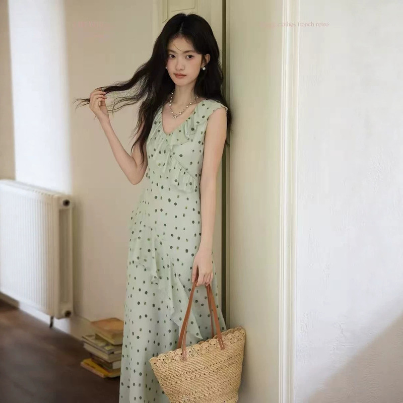 Orwhite Retro Light Green Polka Dot Print Dress for Women V-Neck Ruffled Sleeveless Long Dress with Drapey Feel for Summer Orwhite Retro Light Green Polka Dot Print Dress for Women V-Neck Ruffled Sleeveless Long Dress with Drapey Feel for Summer