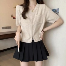 简约风短袖冰丝针织开衫T恤女2024夏装显瘦设计感双拉链短款