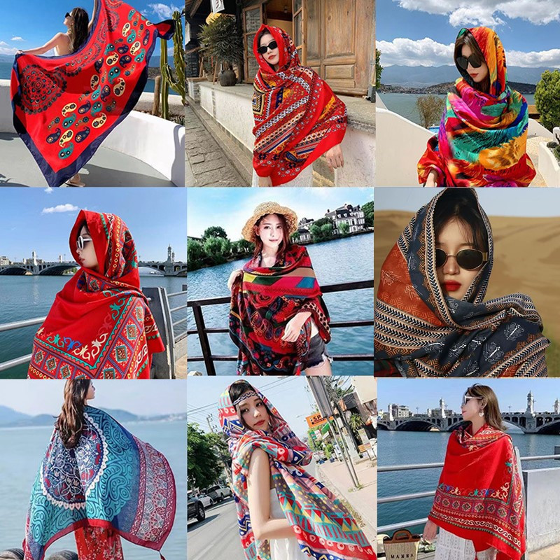 Xizang Chaka Salt Lake Desert travel photography ethnic style shawl sun protection twill cotton tassel scarf oversized silk scarf