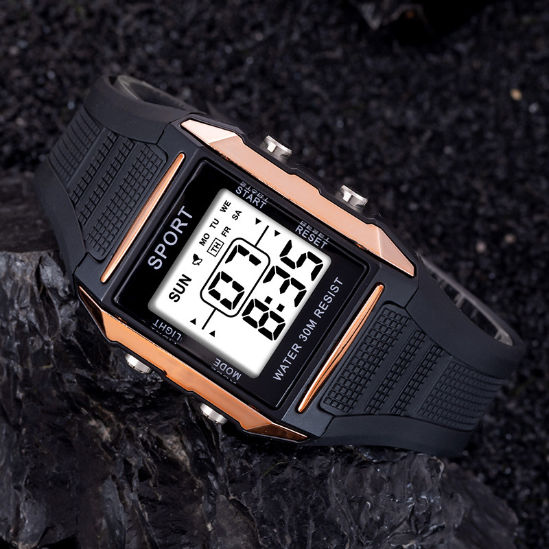 Reloj multifuncional transfronterizo nocturno deportivo impermeable hombre cuadrado ligero y delgado reloj electrónico de moda juvenil spot