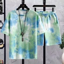 运动服套装男夏季短袖T恤篮球衣休闲韩版扎染短裤两件套跨境代发