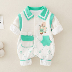 嬰兒春秋季新款雙層連體衣a類純棉寶寶口袋熊哈衣卡通新生兒爬服