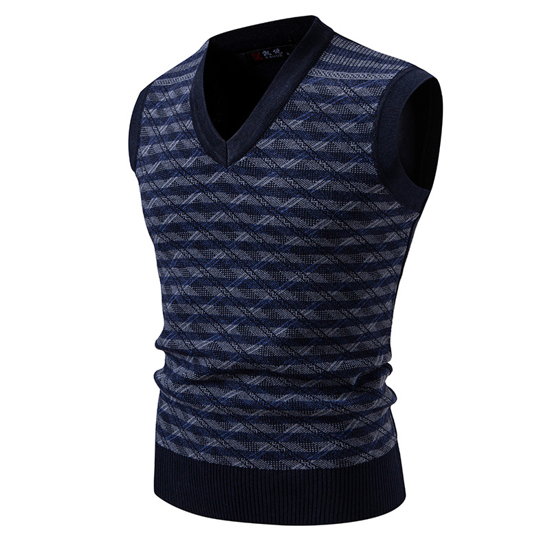 Vêtements pour hommes - Gilet en maille pour hommes - Pull d'hiver/automne ajusté à col en V sans manches - Cardigan décontracté à rayures jacquard pour jeunes_voghion.com
