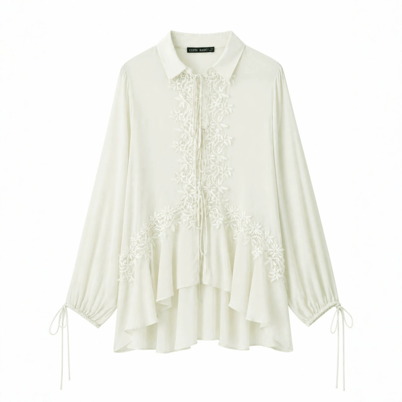 2026 Women's Fashion Cross-Border Lace Patchwork Embroidered Tie-Neck Lantern Sleeve Irregular Loose Top 2026 Women's Fashion Cross-Border Lace Patchwork Embroidered Tie-Neck Lantern Sleeve Irregular Loose Top