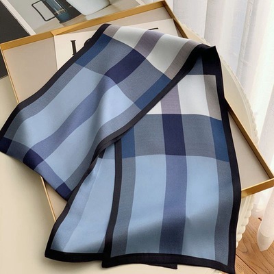 英伦芭芭格子真丝飘带长条丝巾桑蚕丝围巾女春秋冬季双层领巾
