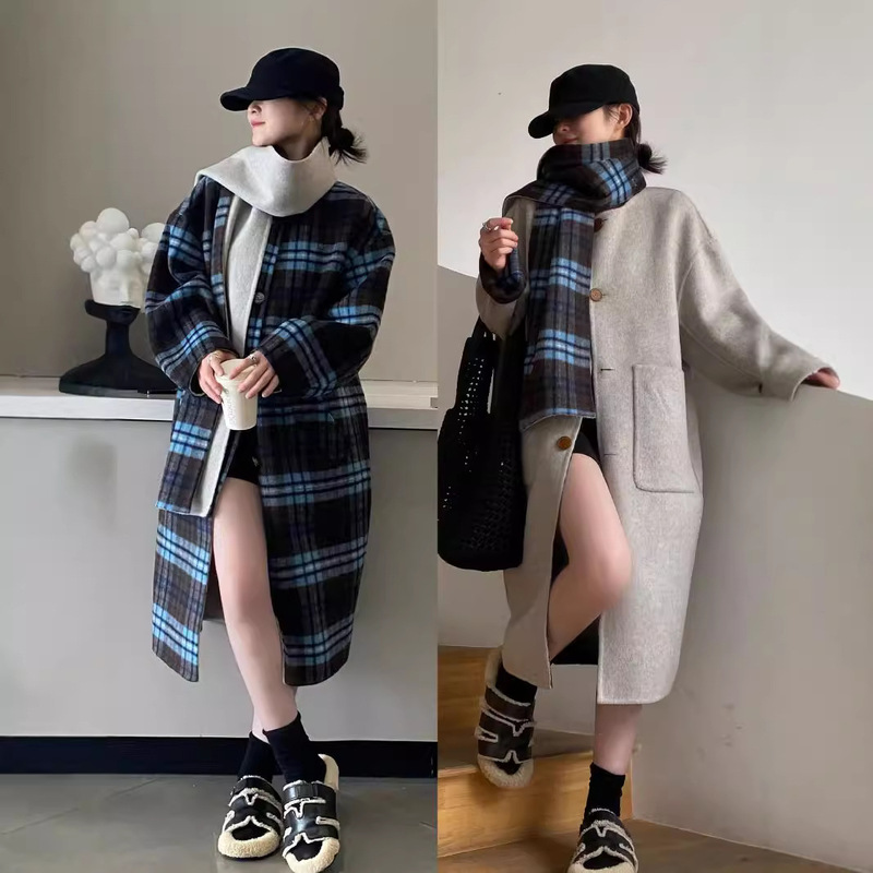 Reversible Wool Coat with Detachable Plaid, Loose Fit, Women's Brown Mid-Length Double-Sided Woolen Coat, Empress Dowager Style Reversible Wool Coat with Detachable Plaid, Loose Fit, Women's Brown Mid-Length Double-Sided Woolen Coat, Empress Dowager Style