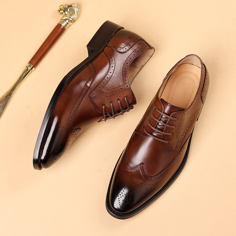 Brock Men's Leather Shoes British Style Carved Business Dress Men's Shoes for Work Three-Joint Leather Oxford Shoes