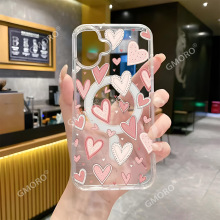 亚马逊满屏粉色爱心适用iPhone17pro磁吸透明苹果手机壳16防摔硬