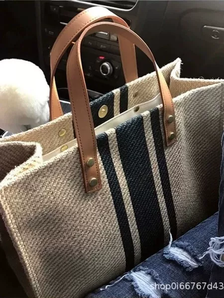 Korean Style Women's Portable Briefcase Professional Commuter Striped Simple Large Shoulder Bag Ins Large Capacity Linen Bag