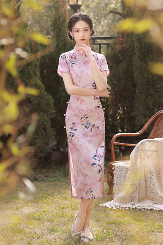 Pink floral lotus qipao Chinese dresses oriental retro Qipao Cheongsam for women  morality show thin jacquard silk host singer photos shooting long robe