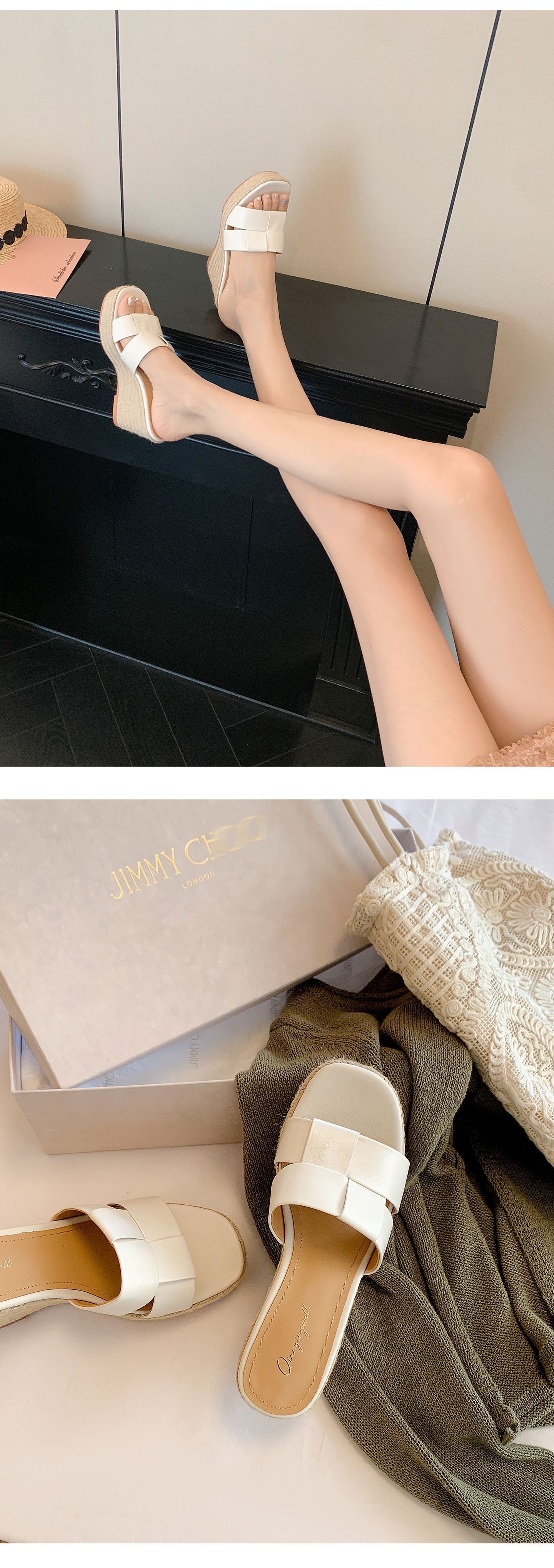 Dép sandal nữ xỏ ngón đế bệt hở mũi chấm bi phong cách lười — Da bò trắng, Satin trắng chi tiết 12