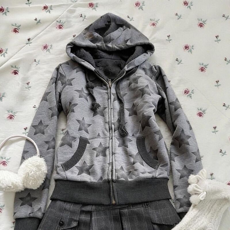 American Retro Gray Star Pattern All-Over Printed Hooded Sweatshirt for Women, Autumn and Winter Casual Versatile Fleece-Lined Thickened Women's Jacket