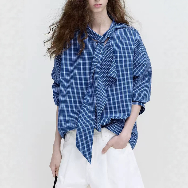 Le Nordic checkered color-blocking deconstruction style 100% cotton shirt with ribbons for women