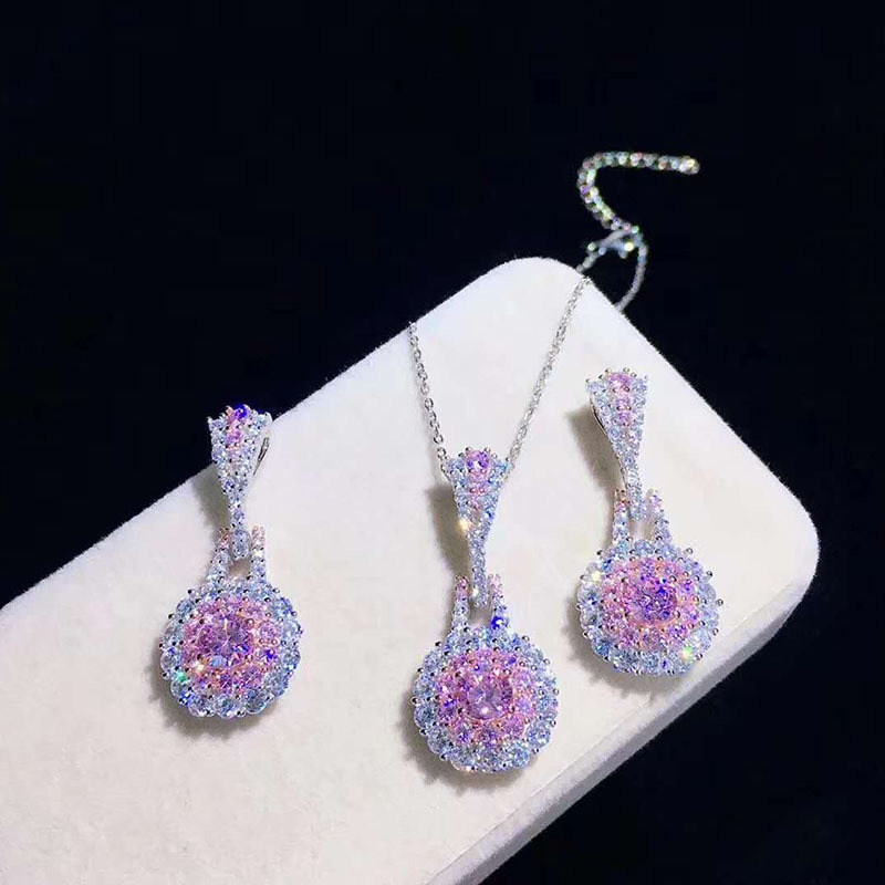 Pink Crystal Set Earrings Ring Necklace Retro Exquisite Zircon Earrings Pendant Special-interest Design Simple Ring display picture 1