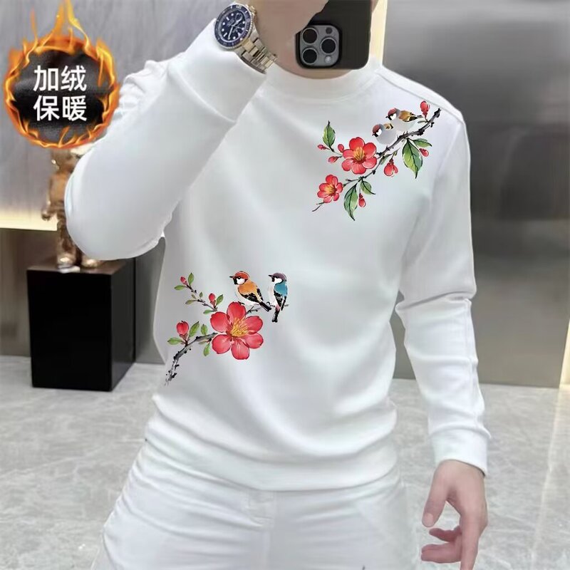 Fashion High-End Versatile Floral Print Men's Autumn Top Trendy Brand Slim Long-Sleeve Men's Autumn and Winter Fleece Sweatshirt Fashion High-End Versatile Floral Print Men's Autumn Top Trendy Brand Slim Long-Sleeve Men's Autumn and Winter Fleece Sweatshirt