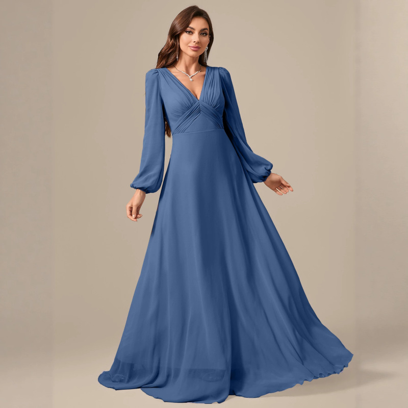 Amazon Cross-Border V-Neck Long-Sleeve Chiffon Dress with Pleated Front, Suitable as a Bridesmaid Dress or Bridal Gown Amazon Cross-Border V-Neck Long-Sleeve Chiffon Dress with Pleated Front, Suitable as a Bridesmaid Dress or Bridal Gown