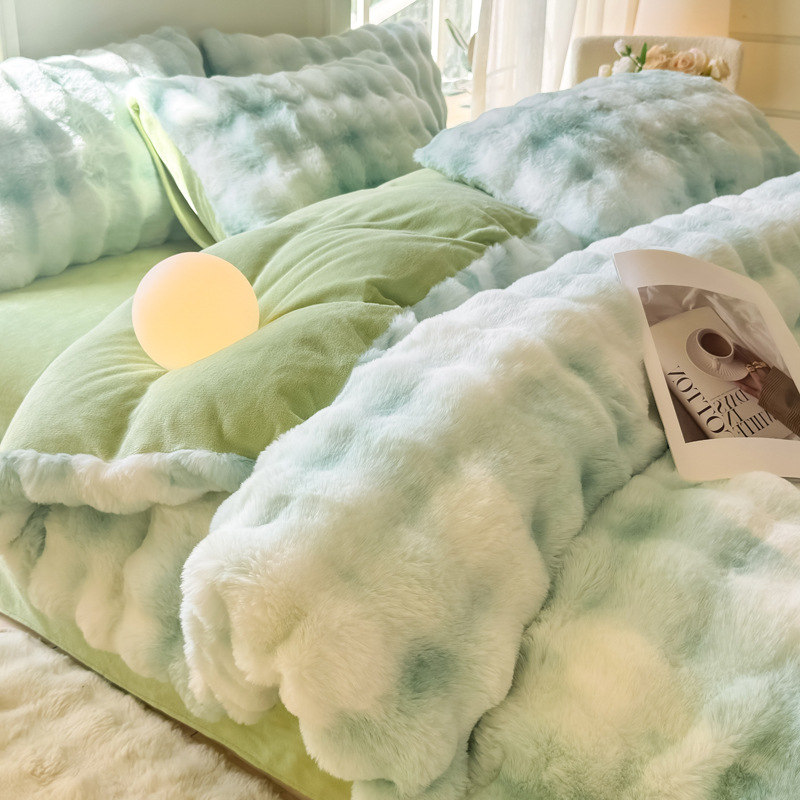 Winter Thickeneded Warm Imitation Rabbit Plush Four-Piece Set Tie-Dyed Milk Velvet Bed Sheetss Lint-Free Anti-Static Quilt Cover Nantong