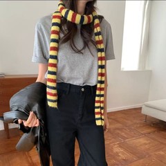 韩国设计感细窄辣妹含羊毛针织小围巾女秋冬撞色条纹装饰长条围脖
