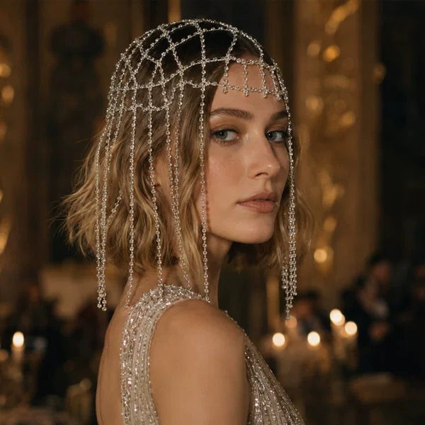 Cross-Border Hot-Selling Mesh Tassel Hair Chain for Women, Retro Niche Design, Light Luxury Rhinestone Headpiece, Evening Dress Hair Accessory